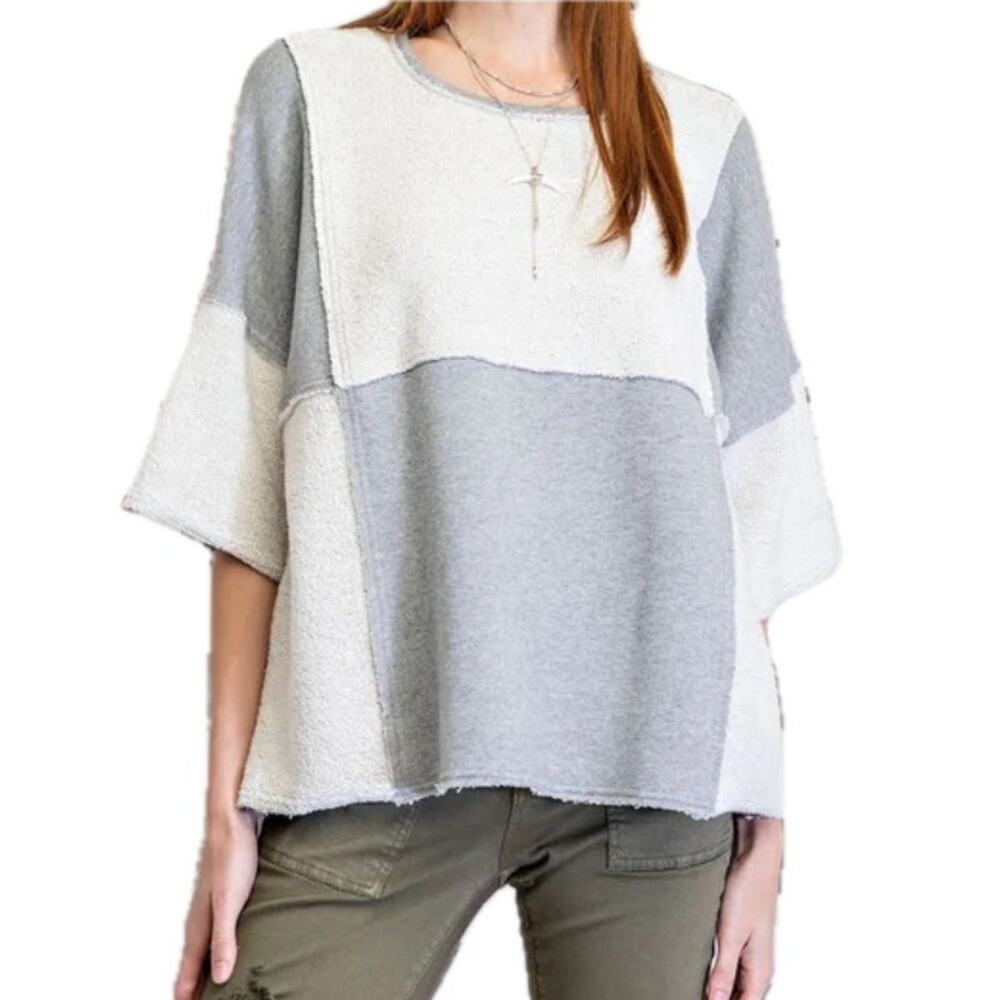 Easel Bohemian Boho Hippie Oversized Patchwork Elbow Sleeve Pullover Sweatshirt